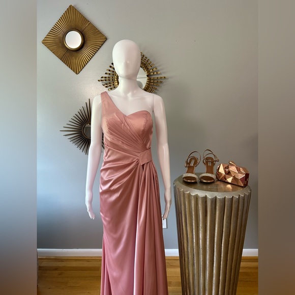 Hebeos - Dusty Rose Sheath/Column Ruched One-Shoulder Sleeveless Dress - Picture 9 of 12